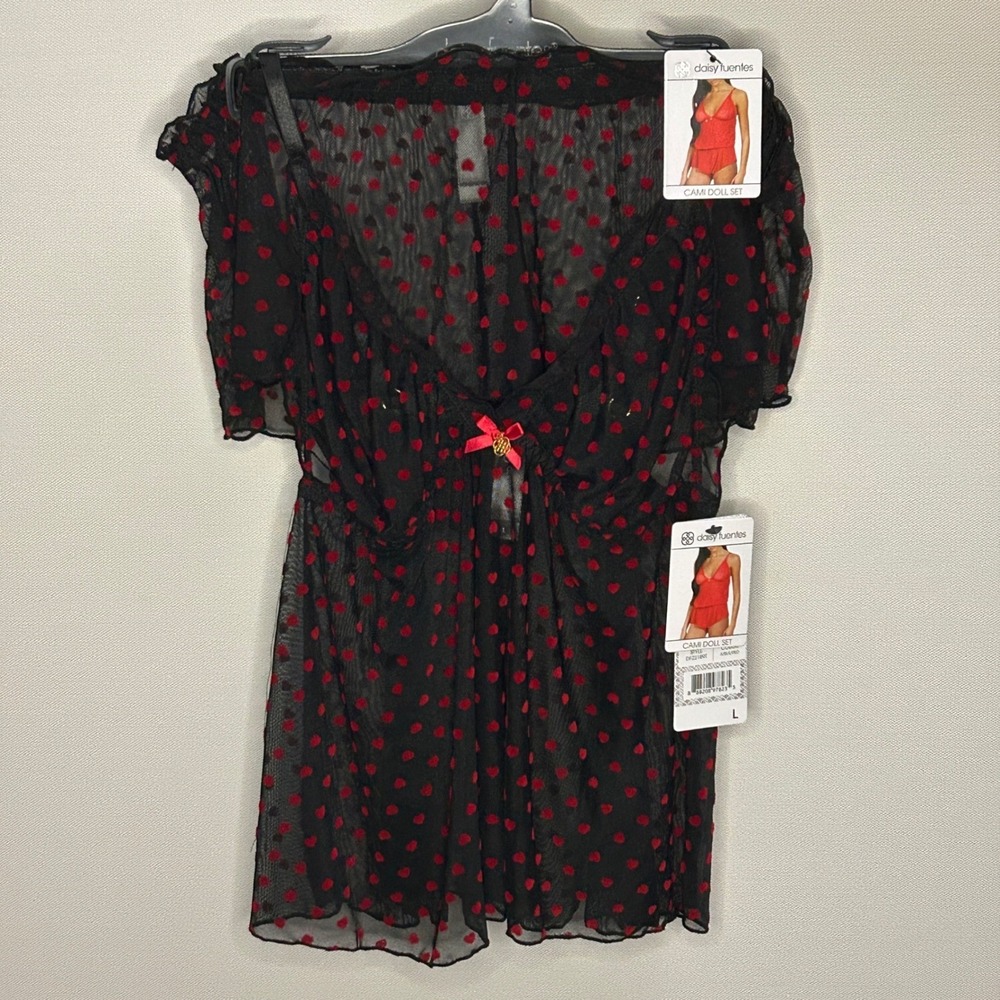 Daisy Fuentes Sheer Mesh Cami Doll Short Set Black Red Heart L NWT Lingerie Gift